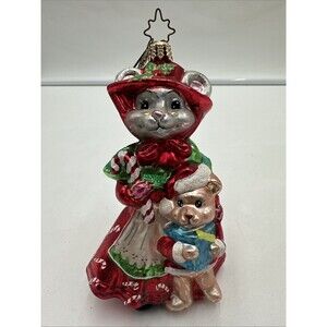 Christopher Radko Blown Glass Ornament Cozy Mouse Candy Cane Baby  Hold Gifts